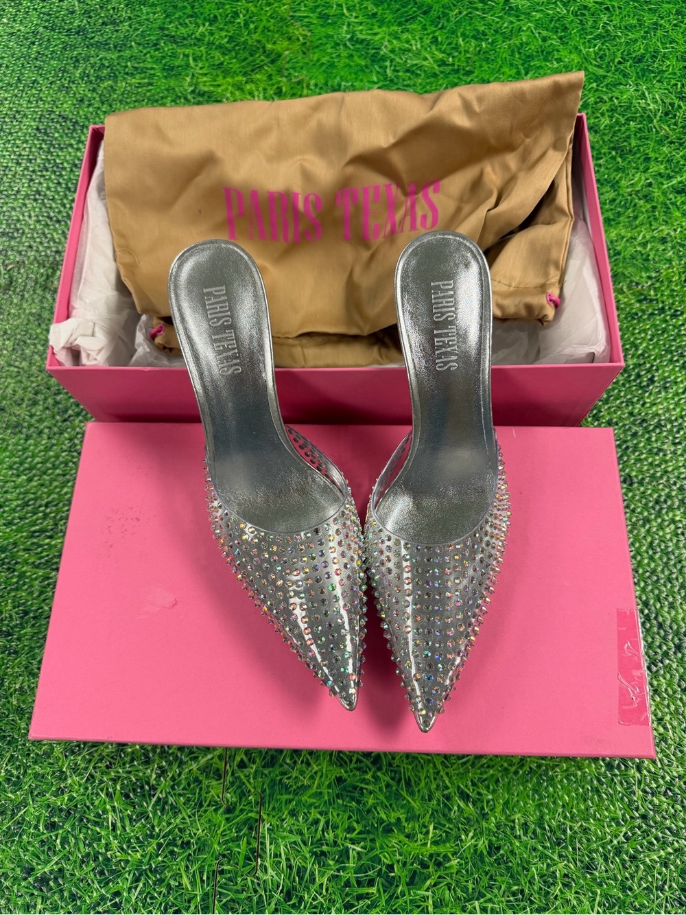 Paris Texas Silver Crystal Iridescent Spike-Stud Pointed Mules size 37